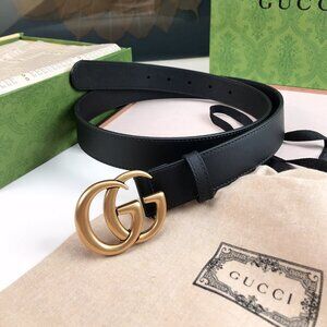Women's 2.5 cm Width Gucci Double GG Buckle Black Leather Belt Size 85/34